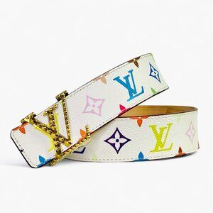 LOUIS VUITTON Murakami Monogram Multicolor Studded LV Initiales Belt 90 36 White